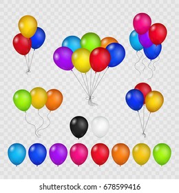 Colored balloons isolated on transparent background. Flying helium brightly air balloon set for birthday party vector illustration