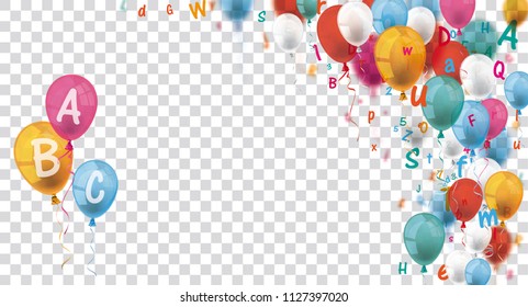 Colored balloons and letters on the checked background. Eps 10 vector file.