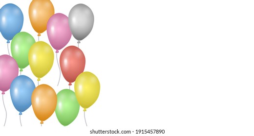 Colored balloons on left side isolated on white background with space for text. Template for postcard, banner, poster, web design. Hand Drawn vector illustration.