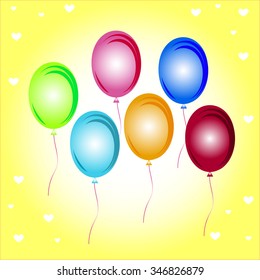 colored balloons on a yellow background with white hearts