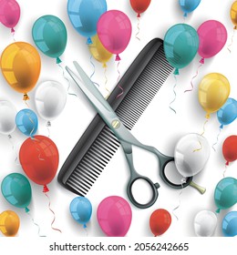 Colored balloons with scissors and comb on the checked background. Eps 10 vector file.