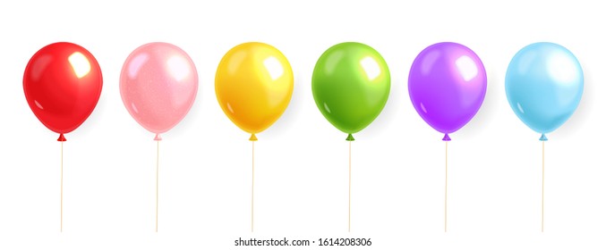 Colored balloons set realistic, helium balloon, birthday background, celebration card, festive banner, isolated vector illustration