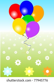 Colored balloons in the sky and meadow, vector illustration