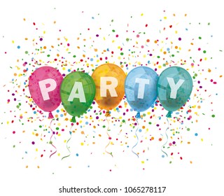 Colored balloons with the text Party and confetti on the white background. Eps 10 vector file.
