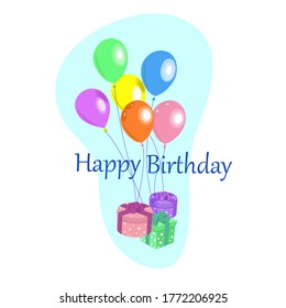 Colored balloons are tied to boxes with gifts. Balloons and gifts for any holiday. Birthday gifts.Vector illustration in flat style, isolated elements on a white background.