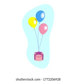 Farbige Ballons sind an Kisten mit Geschenken gebunden. Ballons und Geschenke für jeden Urlaub. Geburtstagsgeschenke.Vektorgrafik in flachem Stil, einzelne Elemente auf weißem Hintergrund.