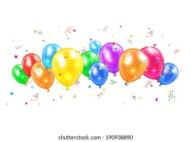 Colored balloons and tinsel flying isolated on white background, illustration.