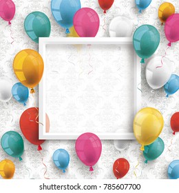 Colored balloons with white frame on the wallpaper with ornaments. Eps 10 vector file.