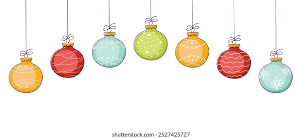Bolas coloridas para a árvore de Natal. Conjunto de itens Doodle Christmas Ball. Fundo de elemento de bola de Natal