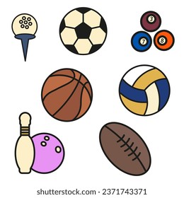 Colored balls with a dark outline for various sporting events. Vector flat illustration. A set of various projectiles for sports games. EPS 10.