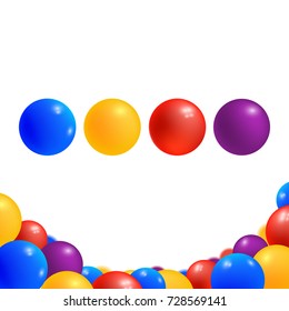 Colored balls isolated on white background. Childish plastic glossy balls in different colors. Game element for playground. Vector illustration.