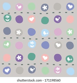 colored balls on a gray background with pictures of flowers, birds, hearts. seamless pattern with simulated patchwork 