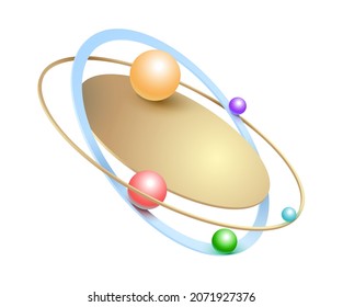 Colored balls roll in a gold rinds and circles 3d perspective geometric shape vector