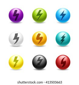 Colored balls with sign of lightning. Different forms. Flat style. Isolated on white background. Vector illustration.