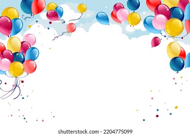 Colored balls in the sky with clouds. A holiday card with a place for text. It can be used for invitations, greetings, announcements, notifications, advertising