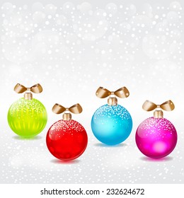 Colored balls this golden bow in Christmas background. Vector EPS10.