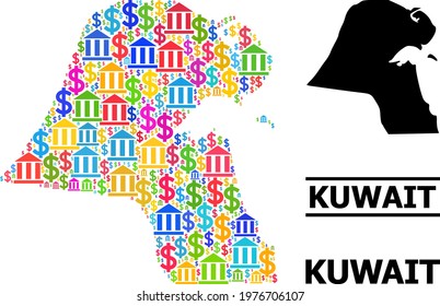 Colored bank and business mosaic and solid map of Kuwait. Map of Kuwait vector mosaic for geographic campaigns and posters. Map of Kuwait is created with bright colored bank and dollar ojects.