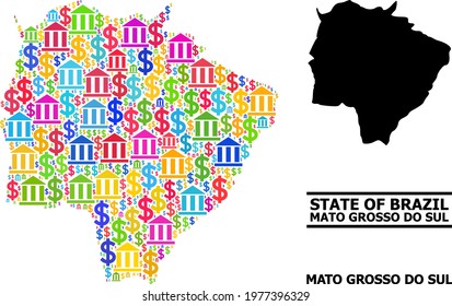 Colored bank and business mosaic and solid map of Mato Grosso do Sul State. Map of Mato Grosso do Sul State vector mosaic for business campaigns and applications.