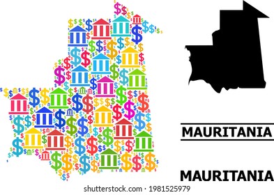 Mosaico de bancos y negocios colorido y sólido mapa de Mauritania. Mapa del mosaico vector de Mauritania para campañas geográficas y agitación. Mapa de Mauritania creado con dólares de color y partes bancarias.