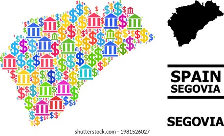 Mosaico de bancos y negocios colorido y mapa sólido de la provincia de Segovia. Mapa del mosaico vectorial de la provincia de Segovia para campañas publicitarias y proclamas.