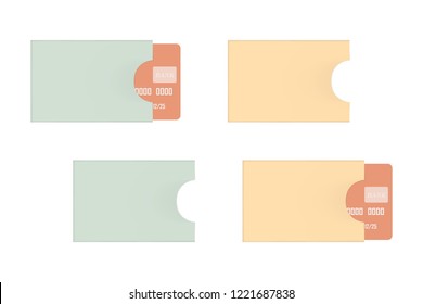 Colored bank card holders isolated on white background template. Blank card envelopes. Vector mock-up for design.