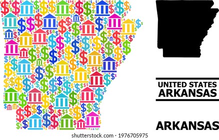 Colored bank and commercial mosaic and solid map of Arkansas State. Map of Arkansas State vector mosaic for ads campaigns and doctrines.