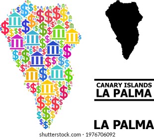 Colored bank and commercial mosaic and solid map of La Palma Island. Map of La Palma Island vector mosaic for geographic campaigns and agitation.