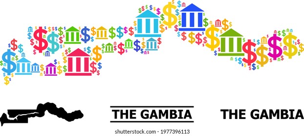 Colored bank and commercial mosaic and solid map of the Gambia. Map of the Gambia vector mosaic for advertisement campaigns and doctrines.