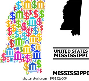 Mosaico comercial y banco de color y mapa sólido del estado de Misisipi. Mapa del mosaico vectorial del estado de Misisipi para campañas de anuncios y afiches.