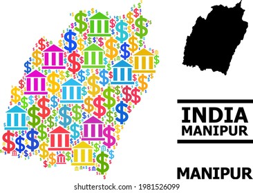 Colored bank and commercial mosaic and solid map of Manipur State. Map of Manipur State vector mosaic for geographic campaigns and purposes.