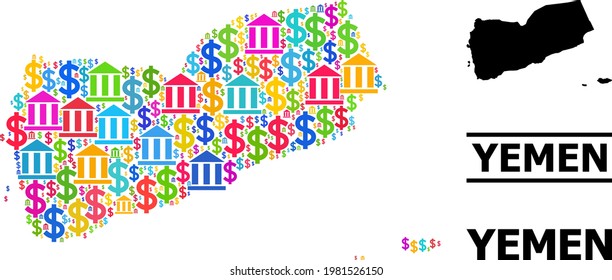 Colored bank and commercial mosaic and solid map of Yemen. Map of Yemen vector mosaic for geographic campaigns and agitprop. Map of Yemen is created with colored bank and dollar ojects.