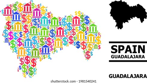 Colored bank and commercial mosaic and solid map of Guadalajara Province. Map of Guadalajara Province vector mosaic for promotion campaigns and purposes.