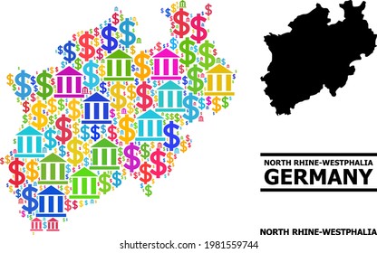 Colored bank and commercial mosaic and solid map of North Rhine-Westphalia State. Map of North Rhine-Westphalia State vector mosaic for advertisement campaigns and agitation.