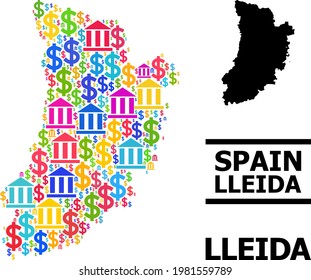 Mosaico comercial y banco de color y mapa sólido de la provincia de Lleida. Mapa del mosaico vectorial de la provincia de Lleida para campañas de promoción y afiches.