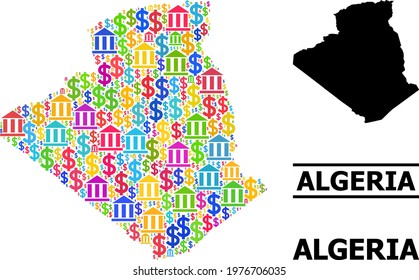 Colored bank and dollar mosaic and solid map of Algeria. Map of Algeria vector mosaic for business campaigns and purposes. Map of Algeria is composed from multicolored bank and dollar ojects.