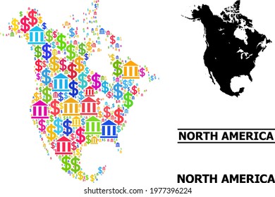 Colored bank and dollar mosaic and solid map of North America. Map of North America vector mosaic for advertisement campaigns and propaganda.