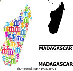 Colored bank and dollar mosaic and solid map of Madagascar Island. Map of Madagascar Island vector mosaic for geographic campaigns and agitprop.