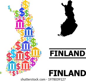 Colored bank and dollar mosaic and solid map of Finland. Map of Finland vector mosaic for ads campaigns and propaganda. Map of Finland is created with multicolored bank and dollar parts.