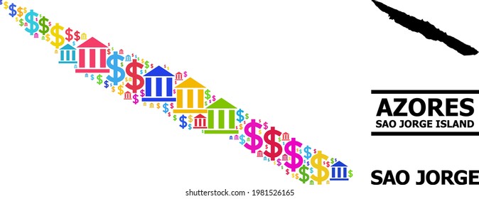 Colored bank and dollar mosaic and solid map of Sao Jorge Island. Map of Sao Jorge Island vector mosaic for advertisement campaigns and applications.