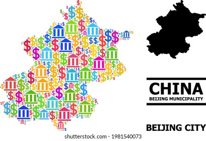 Mosaico de banco y dólar colorido y mapa sólido de la municipalidad de Beijing. Mapa del mosaico vectorial de la Municipalidad de Pekín para campañas publicitarias y propaganda.