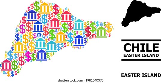 Colored bank and dollar mosaic and solid map of Easter Island. Map of Easter Island vector mosaic for advertisement campaigns and propaganda.