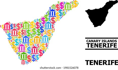 Mosaico de banco y economía colorido y mapa sólido de la isla de Tenerife. Mapa del mosaico vectorial de la isla de Tenerife para campañas publicitarias y propósitos.