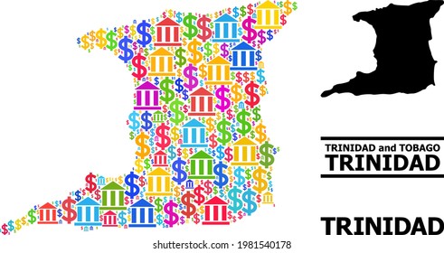 Colored bank and economics mosaic and solid map of Trinidad Island. Map of Trinidad Island vector mosaic for ads campaigns and posters.
