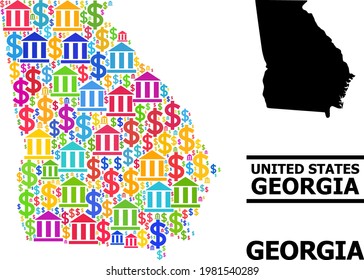 Colored bank and economics mosaic and solid map of Georgia State. Map of Georgia State vector mosaic for GDP campaigns and doctrines.