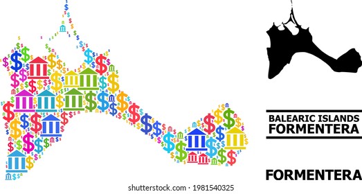 Colored bank and economics mosaic and solid map of Formentera Island. Map of Formentera Island vector mosaic for geographic campaigns and propaganda.