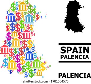 Farbige Bank- und Wirtschaftsmosaik und solide Karte der Provinz Palencia. Karte der Provinz Palencia Vektormosaik für geografische Kampagnen und Projekte.