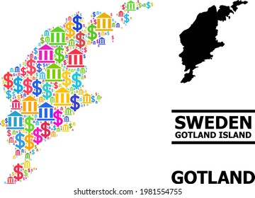 Colored bank and economics mosaic and solid map of Gotland Island. Map of Gotland Island vector mosaic for business campaigns and doctrines.