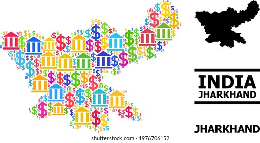 Colored bank and money mosaic and solid map of Jharkhand State. Map of Jharkhand State vector mosaic for ads campaigns and posters.