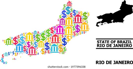 Colored bank and money mosaic and solid map of Rio de Janeiro State. Map of Rio de Janeiro State vector mosaic for advertisement campaigns and purposes.