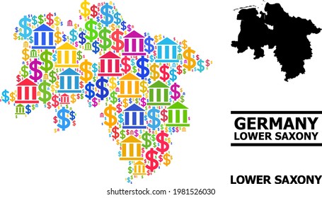Colored bank and money mosaic and solid map of Lower Saxony State. Map of Lower Saxony State vector mosaic for GDP campaigns and promotion.